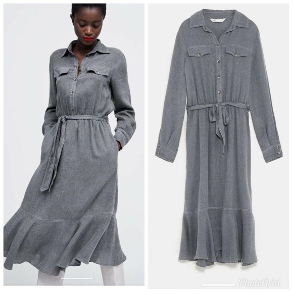 ZARA Gray Contrast Stitch Frilled Hem Midi w flaws - Picture 2 of 7